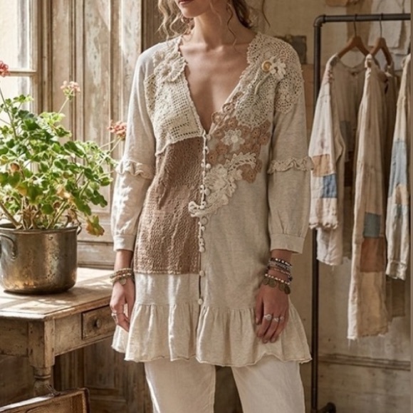 Anthropologie Sweaters - Vintage Anthropologie Knitted Knotted Cobbled Roads Crochet Doily Cardigan M